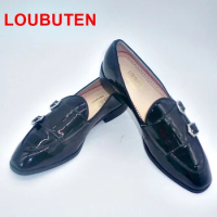 LOUBUTEN Black Patent Leather Loafers Shoes For Men Double Monk Strap Oxford Shoes Mens Dress Shoes Formal Wedding Office Shoes