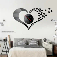 3D Decal Clock Mirror Heart Shape Acrylic Wall Clock Creative Sticker Style Living Room Bedroom Wall Room Decroation DIY Clock