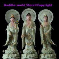 A set 3PCS HOME shrine protection Buddhism XI FANG SANSHENG jade Guan yin Amitabha Mahasthamaprapta Buddha God statue Large 48CM