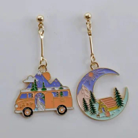 Cartoon Camping Car Tent Alloy Asymmetric Pendant Earrings Fashion Personalized Women's Accessories Charm Gift for Friends
