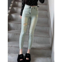 Seluar Jeans Kurus, Gaya Korea, Warna Biru Muda, Pinggang Tinggi, Pelangsingan Badan, Koyak, Untuk W