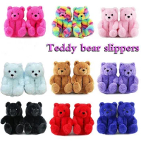 Women Kids Teddy Bear Slippers Winter Warm Plush House Shoes Indoor Flip Flops Funny Cartoon Bear Slipper Soft Anti-slip Shoes