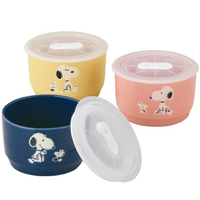 小禮堂 史努比 日本製 陶瓷保鮮碗3入組 附蓋 (彩色款)