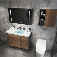 Nordic modern simple intelligent mirror solid wood bathroom cabinet combination floor bathroom sink wash basin wash basin