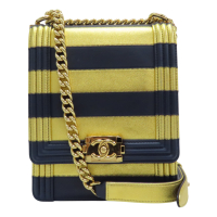 【二手名牌BRAND OFF】CHANEL 香奈兒 藍色 金色 皮革 鍊帶 North South Boy Flap 肩背包 無卡