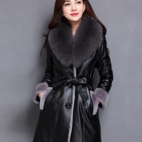 2024 Leather and fur integrated coat for women, medium length new sheep cut down coat, genuine leather coat, fur coat