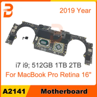 Original For MacBook Pro Retina 16" A2141 Logic Board i7 i9 512GB 1TB 2TB 820-01700-A/05 2019 Motherboard With Touch ID Button