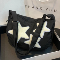 Women Canvas Messenger Bag Versatile Star Shoulder Bag Adjustable Strap Pentagram Satchel Bag Zipper Tote Bag Student Book Bag