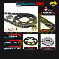 DINAMIK / GT128 /  AR125 428 SPOCKET DEPAN BELAKANG WARNA HITAM BLACK SEKALI RANTAI HITAM -  SET KOM