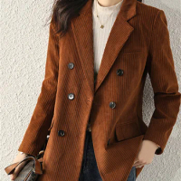 Yitimuceng Corduroy Blazer for Women 2023 Fall Winter Turn Down Collar Solid Casual Coats Office Ladies Double Breasted Jackets