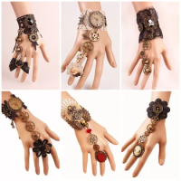 Lace Bracelet Ring One Chain Watch Mechanical Pirate Retro Exaggeration Show Magic Gothic Halloween Steam Engine Gear
