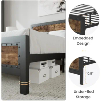 Complete set of gray metal king size bed frame/industrial wooden table bed with rivet headboard/no need for spring box