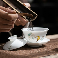 陶瓷手繪蓋碗茶杯薄胎三才蓋碗手工家用茶具茶杯單個泡茶碗