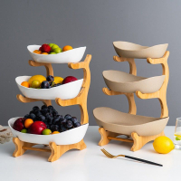 多層水果盤 創意三層多層水果盤歐式陶瓷干果盤竹木架家用零食盤糖果托盤果籃