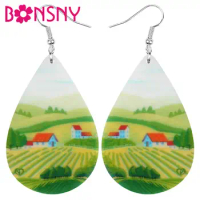 Bonsny Acrylic Teardrop Field Rural House Farmland Earrings Drop Dangle Jewelry For Women Girls Teens Kids Charm Decoration Gift