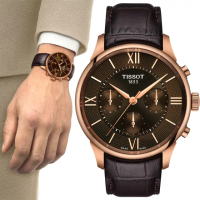 【TISSOT 天梭 官方授權】Chemin Des Tourelles 杜魯爾系列 三眼計時機械錶-42mm 禮物 送禮 推薦(任選一款)