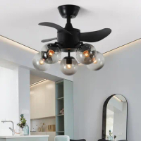 5 Heads Glass Ball Ceiling Fan Light Remote Control Restaurant Fan Lamp Modern Minimalist Small LED Fan Ventilator E27 Bulbs