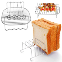 2 Layer Air Fryer Rack Stainless Steel with 4 Barbecue Sticks Of 2 Air Fryer Multipurpose Holder for 3.7-4.2Qt Ovens Accessories