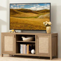TV Stand for Living Room : Rattan TV Console Cabinet with Storage and Shelf, Boho Entertainment Center, 59" Media Console