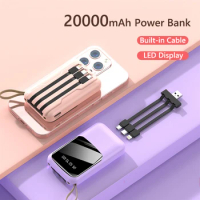 Mini Power Bank 20000mah External Battery Charger for iPhone Samsung Huawei Xiaomi Cartoon Powerbank with 3 Cable LED Display