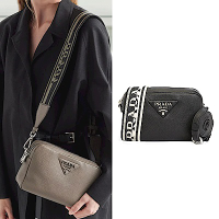 PRADA  荔枝牛皮三角LOGO可換背帶斜背相機包(黑色)