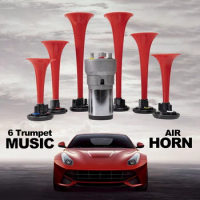 FARBIN Musical Horn 6 Trumpet Music Sound Air Horn with Compressor Play Godfather Melody Red 12V 150db for Train Truck Car Boat