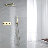 Bathroom Shower Faucet Set Brush Gold/Black Rain Shower Faucets Wall or Ceiling Wall Mounted Shower Mixer 8-10" Shower Head Taps