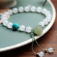 Natural Hotan Jade White Beaded Tassel Bracelet for Women High Quality Fresh Lotus Seedpod Green Bangles Exquisite Jewelry