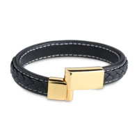 Real Bestxy free ship Engravable Black Braided Bangle Leather Gold Stainless Steel men's Cuff Bracelet Bangle for wholesale