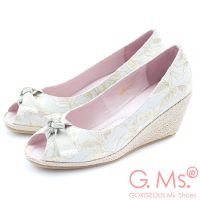 G.Ms. 魚口織帶蝴蝶結蕾絲金線花蔓楔型鞋-時尚白