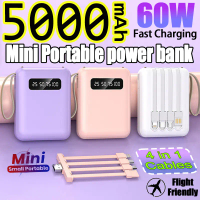 [Ready Stock]60w Fast Charging Power Bank 5000mah Mini Powerbank Portable Charger Built in Cable