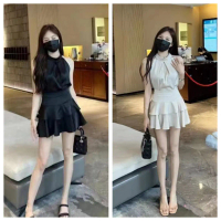 K923 ชุดทูพีซ  น่ารักและเซ็กซี่ สง่างาม เสื้อแขนกุดผ้าซาตินสีทึบ กระโปรงน่าระทึกใจ เหมาะสำหรับฤดูร้อ
