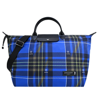 【LONGCHAMP】GREEN DISTRICT系列格紋帆布短把兩用旅行袋(大/藍)