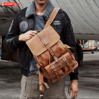 World War II Pepper Salt New Full-Grain Leather Large Capacity Backpack Travel Bag All Leather Men's Backpack Schoolbag