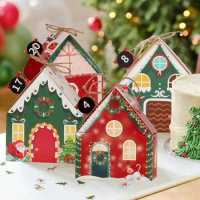 6Pcs Merry Christmas 2023 Gift Bags House Shape Kraft Paper Candy Cookie Bags Packaging Boxes Christmas Tree Pendant Party Decor