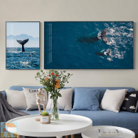 北歐現代海洋風景攝影掛畫鯨魚快艇沙灘假日雙聯版畫客廳裝飾畫