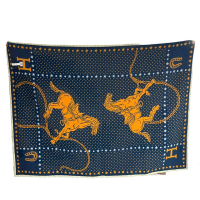 HERMES經典雙馬奔跑限量雙面萬用毯110*140CM(藍/米色)
