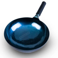 Chinese Traditional Mirror Iron Wok,30cm Blue Seasoned Wok 2mm Thickness Uncoated Kitchen Cookware Round Bottom Woks
