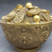 6" Chinese Bronze Bat Dragon Wealth YuanBao Coin Money Treasure Bowl Statue