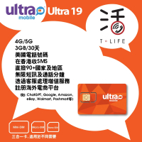 Ultra Mobile 4G/5G【美國正規手機號碼】30天自行激活/充值上網卡/數據卡/電話卡 - Ultra19-3GB