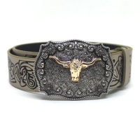 2024 Western Embossed PU Leather Men Belts Golden Cowboy Longhorn Bull Pattern Floral Engraved Buckle Belt For Male Jeans