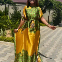 2023 New African Traditional Muslim Lady Free Size Summer Silk Printed Hajib Kaftan Dress Malaysia Fashion boubou femme Abaya