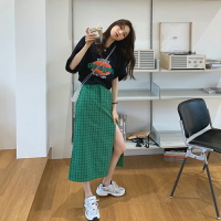 復古開叉格子a字半身裙女夏季年新款韓版高腰顯瘦休閑長裙潮