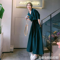 墨綠色洋裝女夏新款法式襯衫裙子收腰顯瘦超長款到腳踝長裙