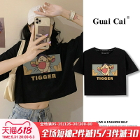 ins時尚新款黑色短袖T恤女2022夏季純棉印花小個子露肚臍半袖上衣