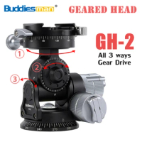Buddiesman GH-2 3-Way Geared Pan Tilt Tripod Head Precision Control Dual Panoramic Drive Arca-Swiss Compatible Flip Lock Clamp
