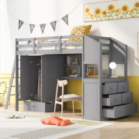 Twin Size Loft Bed with Wardrobe and Drawers, attached Desk with Shelves, Gray/White