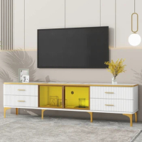 Stylish LED TV Stand with Marble-veined Table Top for TVs Up to 78'', Brown Glass Storage Cabinet, Golden Legs &amp; Handles, White