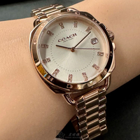 COACH手錶,編號CH00196,34mm玫瑰金圓形精鋼錶殼,銀白色簡約, 中三針顯示, 鑽刻度錶面,玫瑰金色精鋼錶帶款,最後庫存賣完即止