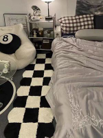 臥室床邊毯黑白格子高級感地墊客廳沙發茶几地毯簡約加厚長條腳墊黑白格子-0340×120CM【優質植絨】